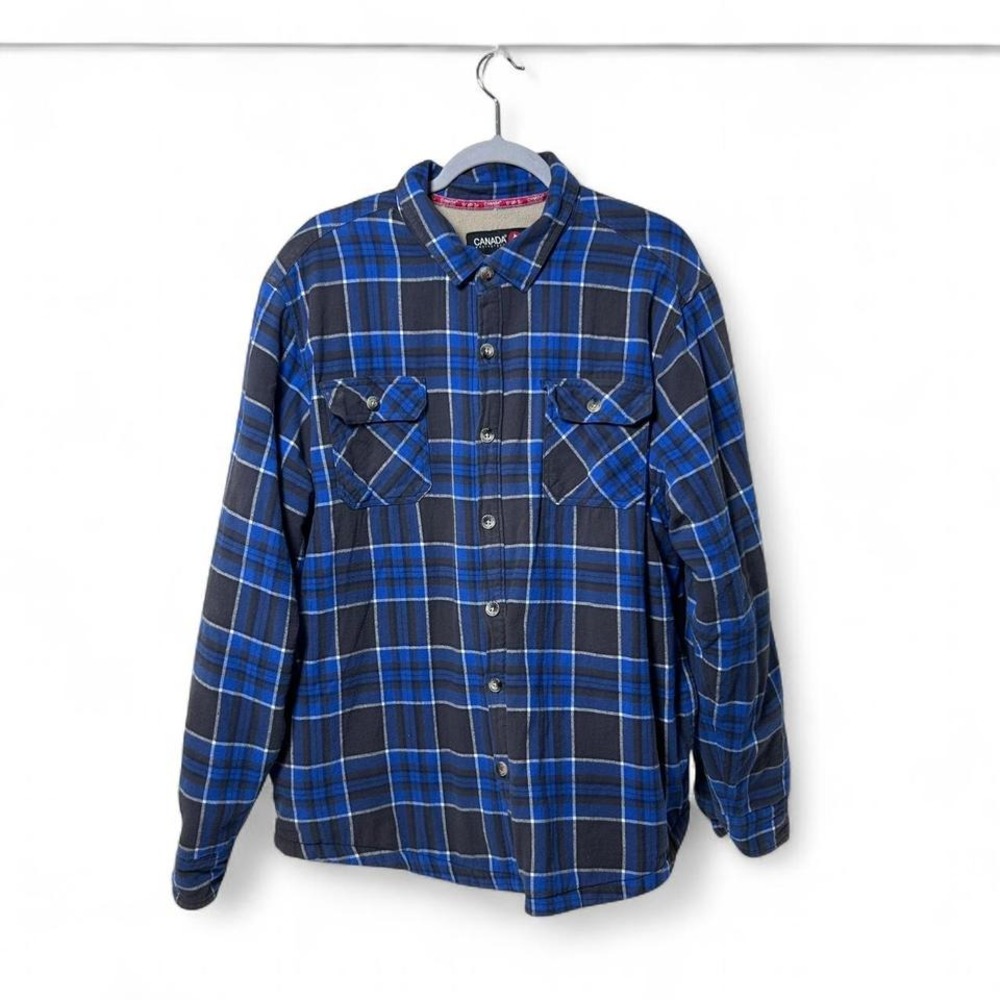 Canada Weather Gear Plaid Button Up‎ Shacket Flannel Blue White XL Fleece Lined